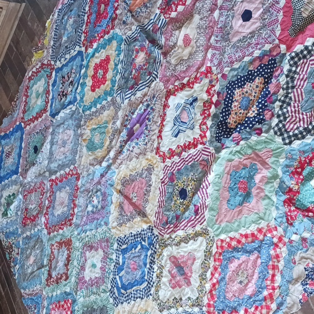 Quilt Top Only Handmade Grandma Core Est. 6' 10"x6' diamond shaped patterns